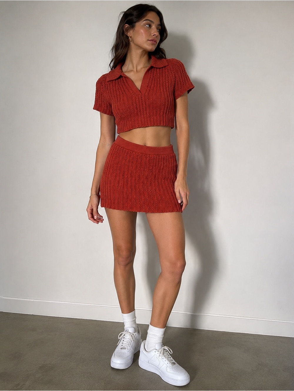Venroy Terracotta Size M Cotton Crochet Polo and Miniskirt Set - Picture 2 of 9